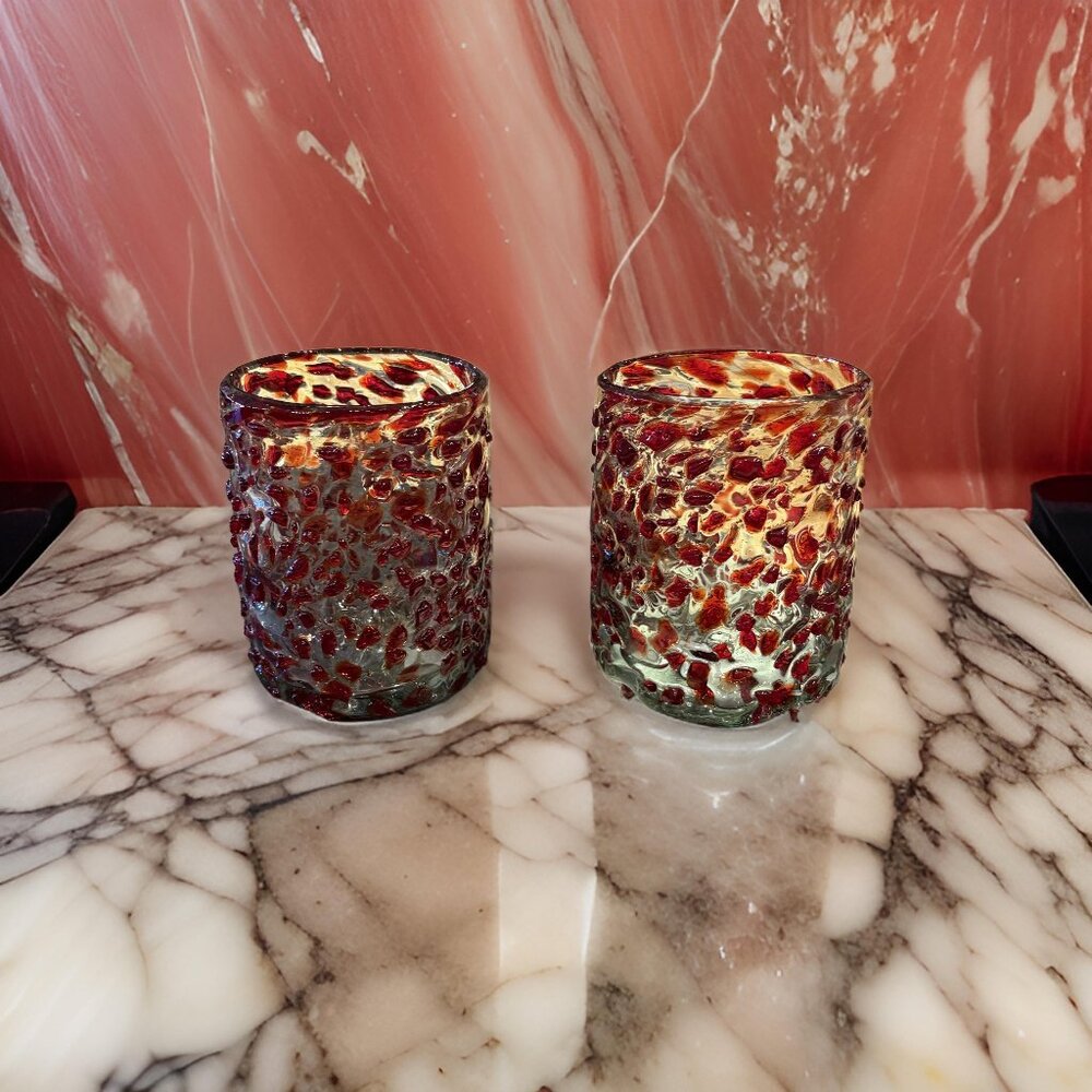 Textured Glass Candle Holders - Red and Green